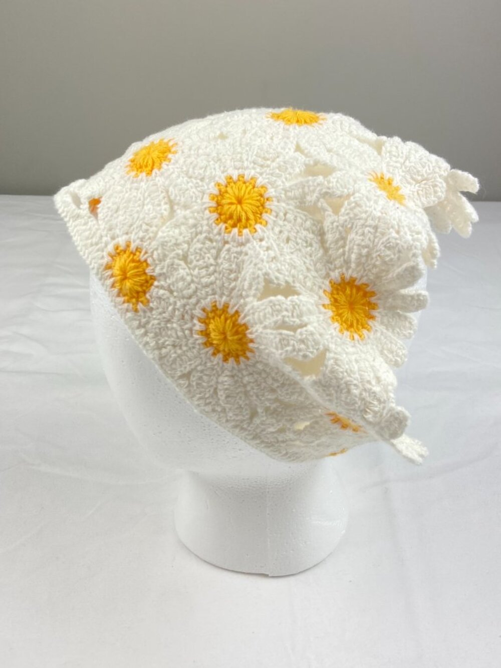 Crochet White & Yellow Daisy Head Scarf Half Bandana Summer Boho Festival - Picture 3 of 8